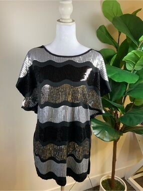 Black & Silver Sequin Wave-Stripe Women's Top